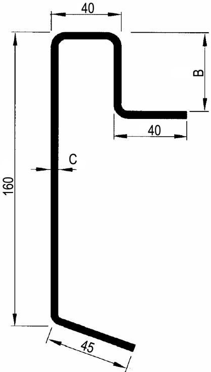 Výška profilu H = 160 mm
Tloušťka podlahy B = 27 mm
Tloušťka materiálu C = 4 mm
Délka profilu L = 7300 mm
